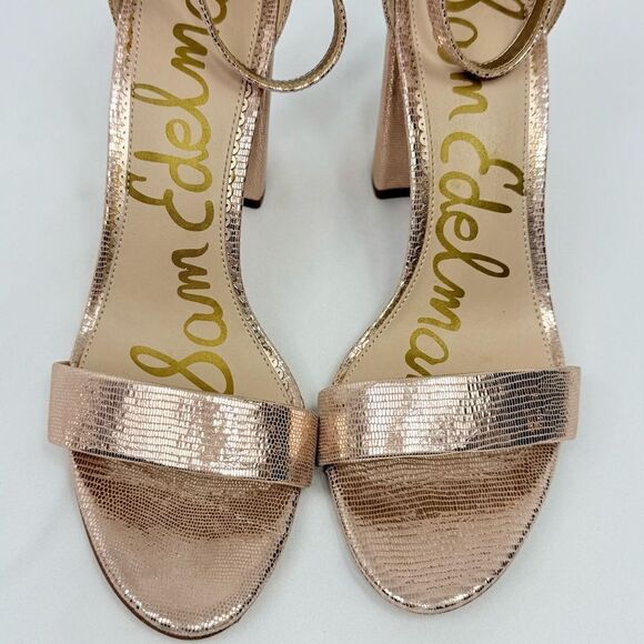 Sam Edelman YARO Rose Gold Leather Metallic Reptile Chunky 4" Open Toe Sandals - Picture 10 of 16